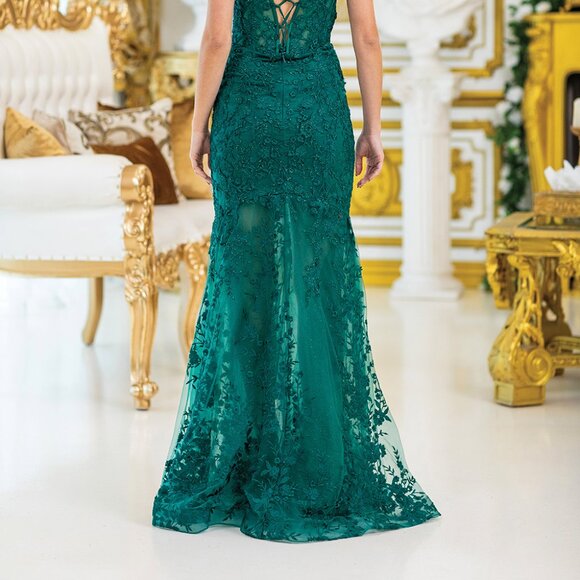 New Champagne Floral Lace Embellished Sheath Sleeveless Gown w/ Leg Slit DQ 4501 - Picture 6 of 9